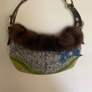 VINTAGE Coach Soho Limited Edition Tweed Fur Trim Python Small Hobo Handbag